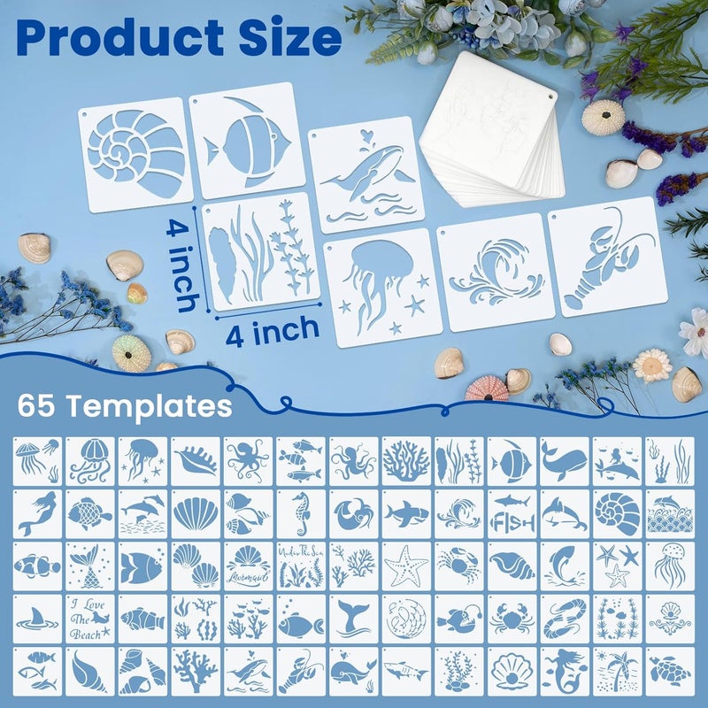 Amrules 65 Pcs Painting Stencils, Ocean Theme Drawing Templates Set for Crafts, Reusable DIY Art Stencil Sets for Wood, Walls, Cards, Fabrics, Rocks and Home Decoration, 4 x 4 Inch - Image 2